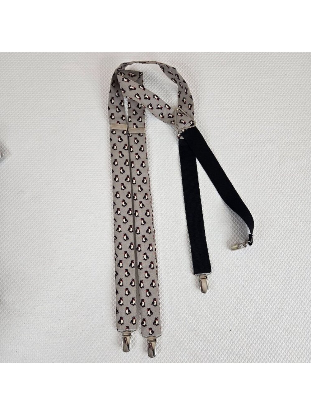 Vintage Penguin Print Suspenders Clip-On Straps Adjustable Fit Black Gray German